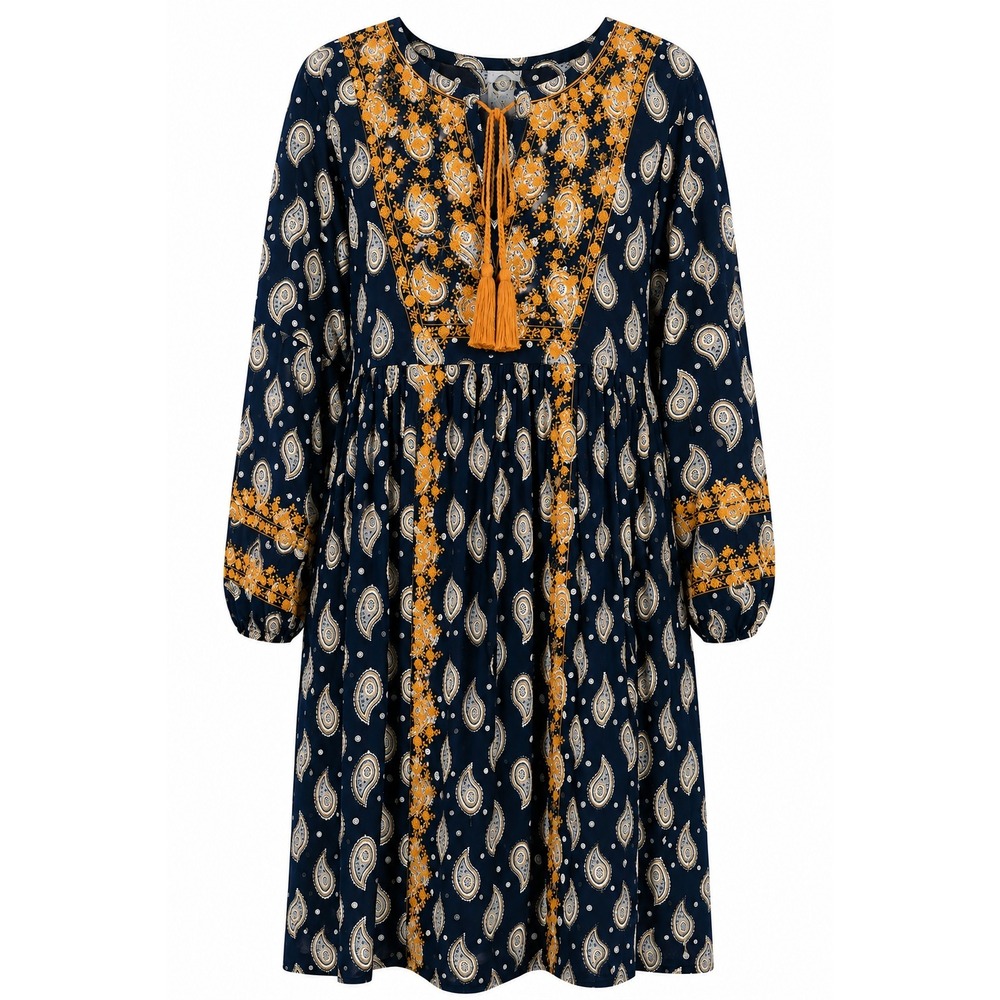 Roller Rabbit Paisley Dress Navy Blue Mustard Yellow Embroidery Tassel Pockets L